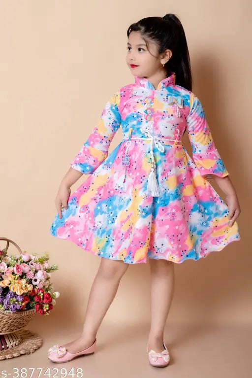 Crepe party frock dress for girls, printed net Holi design, short sleeves, 4-10 years