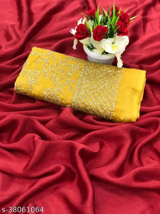 Rich Chinon chiffon saree with embroidered net blouse, Indian bridal wear on mannequin