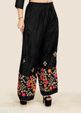 Black rayon embroidered kurta set with palazzos and dupatta, ideal for women and girls from NANDAN FASHION. Embellished traditional Indian attire featuring three-quarter sleeves and a single size range from S to XXXL