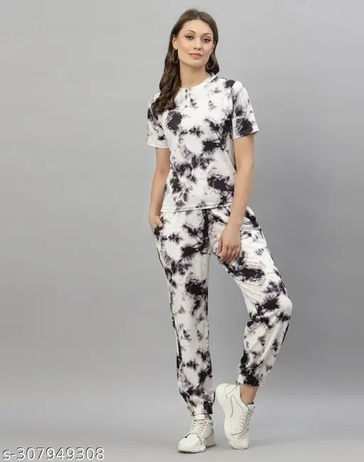Tie-dye printed women's jogger set with baggy trouser and t-shirt, versatile premium knitted Jeggings in trending styles, ideal for party wear & daily wear. Made from 95% super combed cotton and 5% spandex, comfortable fit and skin-soothing Azo-free dyes. India origin