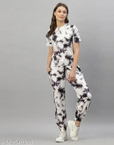 Tie-dye printed women's jogger set with baggy trouser and t-shirt, versatile premium knitted Jeggings in trending styles, ideal for party wear & daily wear. Made from 95% super combed cotton and 5% spandex, comfortable fit and skin-soothing Azo-free dyes. India origin