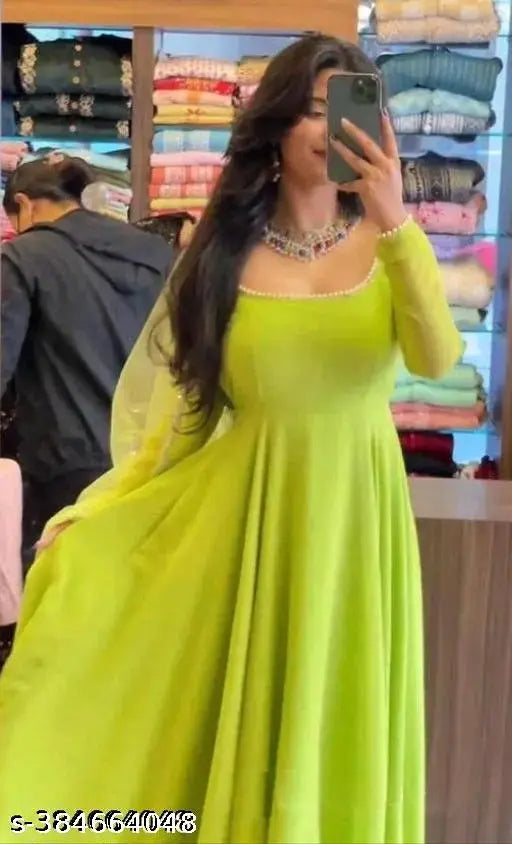 Georgette stitched anarkali gown, full Amrela flayer with embroidery cut work dupatta in parrot color - Indian brand concept new arrival