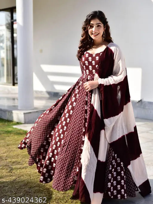 Rayon printed long sleeve gown, RM-Gown, size S - XXXL, India-made fashion garment on hanger