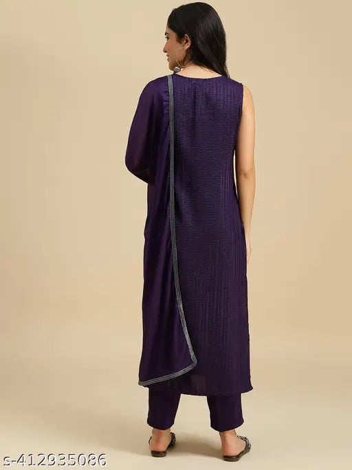 Women's silk blend kurta set with dupatta, sleeveless and pants bottomwear in solid colors for ethnic wear. Set includes 3 sizes: S-XXL. Indian traditional fashion for regular wear
