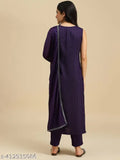 Women's silk blend kurta set with dupatta, sleeveless and pants bottomwear in solid colors for ethnic wear. Set includes 3 sizes: S-XXL. Indian traditional fashion for regular wear