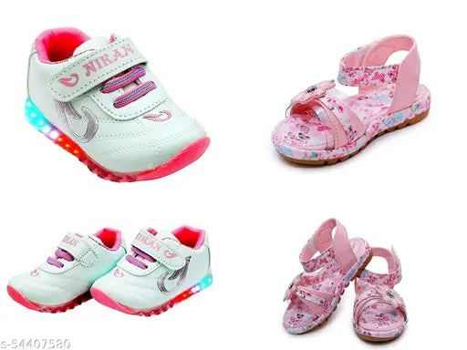 Pink LED leather shoes and floral print sandals combo for kids festive season, featuring long-lasting LED lights and good quality velcro. Available in sizes: 3.5-4 Years, 6 Months, 18-21 Months, 12-15 Months, 4-4.5 Years, 6-9 Months, 2-2.5 Years, 4.5-5 Years, 15-18 Months, 9-12 Months, 21-24 Months, 3-3.5 Years, 2.5-3 Years. Made in India