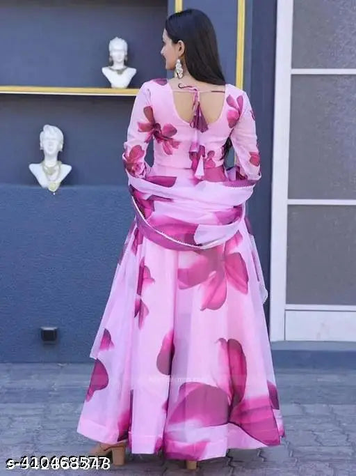 Trendy printed georgette gown by Ganesh Fashion, long sleeves, suitable for parties, weddings, festivals