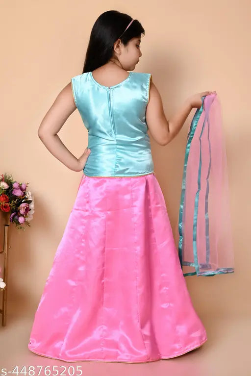 Chanderi silk kids lehenga-choli set with net dupatta, embellished Indian attire for 1-7 years old