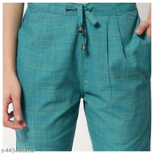 Cotton blend checked pants set, elastic waistband & pockets, women's styles in S-XXXXL, India origin