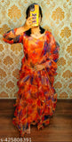 Printed Georgette gown with three-quarter sleeves, floral pattern, women's formal wear, Indian designer dress