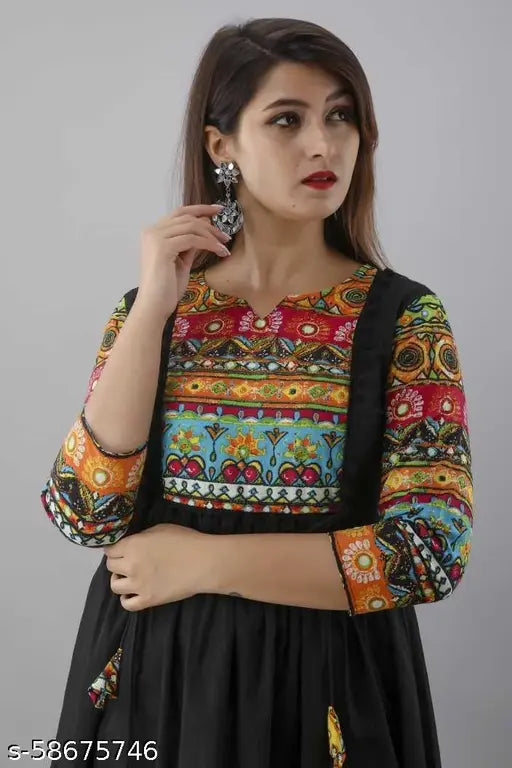 Indian printed rayon long anarkali kurta with three-quarter sleeves, vibrant floral design, S (36in x 48in)
