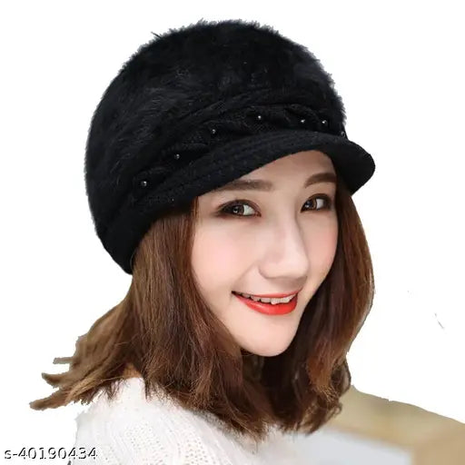 Black wool knitted beanie with fur inside, stylish and cozy accessory for girls and women this Autumn-Winter season