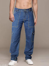 Black cotton blend men's baggy dark blue jeans for everyday comfort and style, upgraded fit for all-day wear