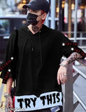 Trendy cotton three-quarter sleeve men's hoodie with printed net design, size L (40in chest, 27.5in length)