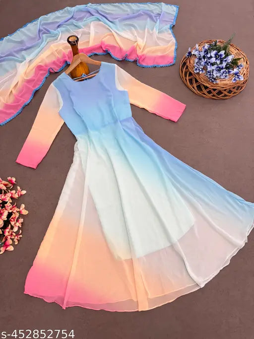 Georgette embroidered net gown in pastel ombré gradient, full-length sleeves, round neckline, draped dupatta, silver embellished high heels, formal wear, Indian origin