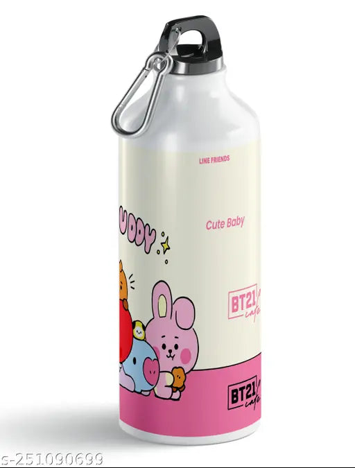 Aluminium BTS-themed sports sipper water bottle (600ml) with square keychain, ideal for gym, yoga, and lifestyle events