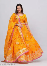 Rajasthani women's Kota Doria lehenga with heavy Aari work, featuring solid jute cotton dupatta, showcasing intricate Bandhani patterns - traditional Indian semi-stitched attire (waist 44in, length 41in, dupatta 2.35in) for any occasion
