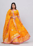 Rajasthani women's Kota Doria lehenga with heavy Aari work, featuring solid jute cotton dupatta, showcasing intricate Bandhani patterns - traditional Indian semi-stitched attire (waist 44in, length 41in, dupatta 2.35in) for any occasion