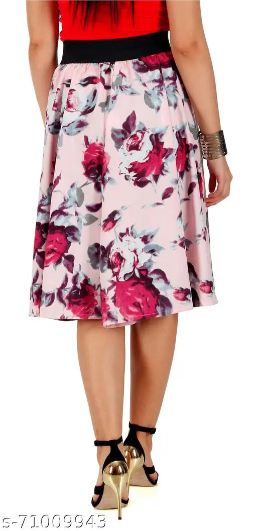 Navy Blue Multi Floral Print Mid Calf Length Women's Skirt with Black Elasticated Belt, Crepe Polyester, Grace Diva Digital Rose design