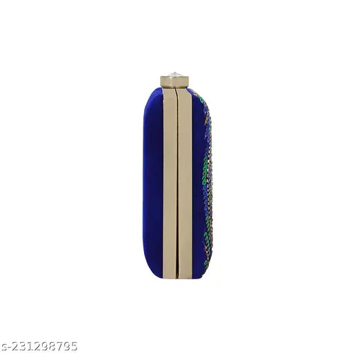 Blue velvet embroidered clutch bag for women, handcrafted in India. Single compartment suitable for essentials like makeup, wallet, and phone." (95 characters)