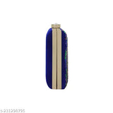 Blue velvet embroidered clutch bag for women, handcrafted in India. Single compartment suitable for essentials like makeup, wallet, and phone." (95 characters)