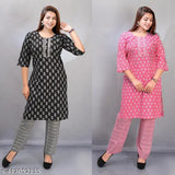 Cotton ready-made fancy kurta pant set with palazzos, three-quarter sleeves, printed net, size XL & XXL