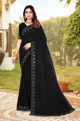 Black Georgette saree with Swarovski and mirror work border, free size, 5.5m length
