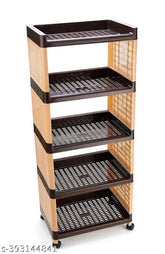 Brown plastic multi-purpose trolley with 4 wheels for fruit/vegetable storage, 5 layer shelving rack (India)