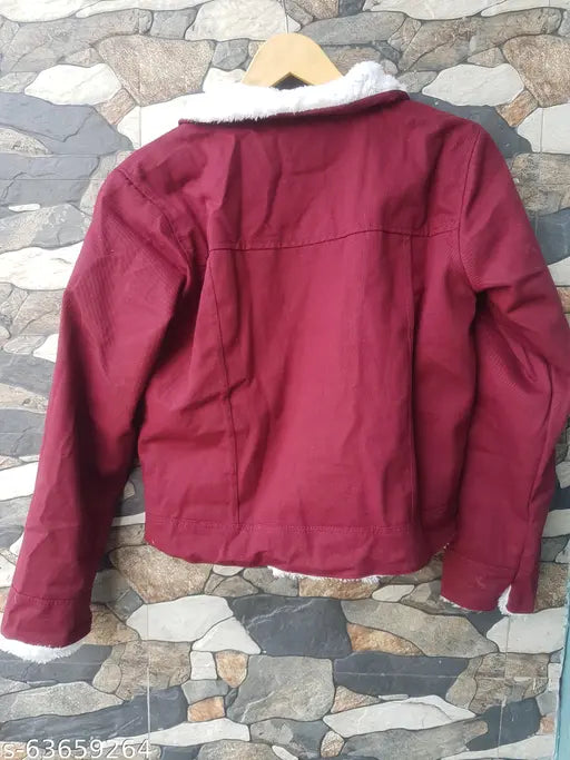 Maroon denim full fur warm Lusine Woman Designer jacket, long sleeves, solid pattern for casual wear