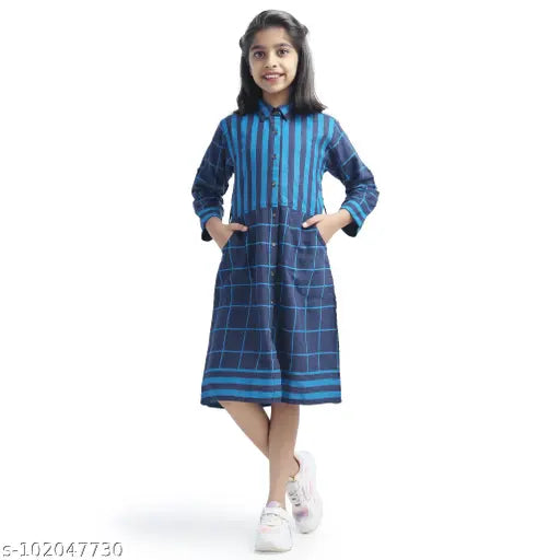 Blue cotton checked dress with long sleeves, Kunzie brand for girls aged 7-14 years, India origin