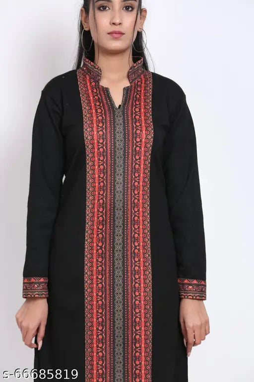 Woolen party kurta with long sleeves and printed design, fashionable Indian outfit for women's formal wear (L: Bust 36in, Size Len 43in, XL: Bust 38in, Size Len 40in)