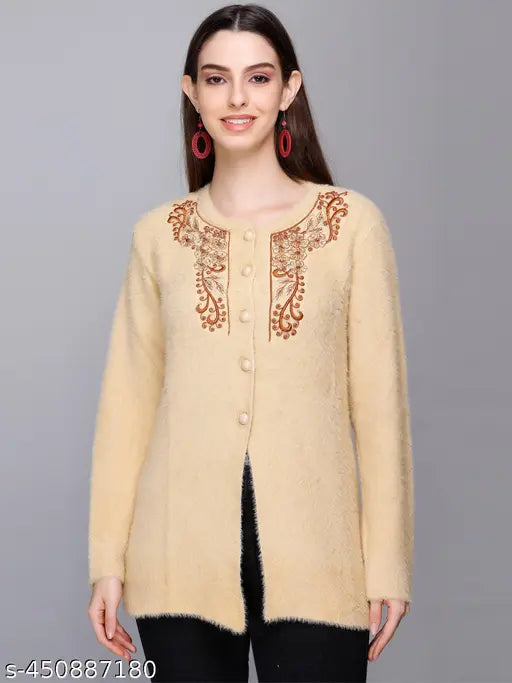 Embroidered net woolen large cardigan sweater for women, gentle machine washable winterwear from India