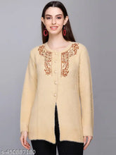 Embroidered net woolen large cardigan sweater for women, gentle machine washable winterwear from India