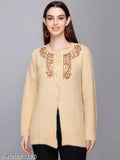 Embroidered net woolen large cardigan sweater for women, gentle machine washable winterwear from India