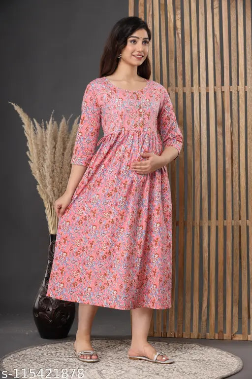 Pure cotton floral printed maternity gown with three-quarter sleeves, Rayon fabric, feeding dress for women. India-made maternity kurti gown with invisible vertical zipper and all-over print." (124 characters)