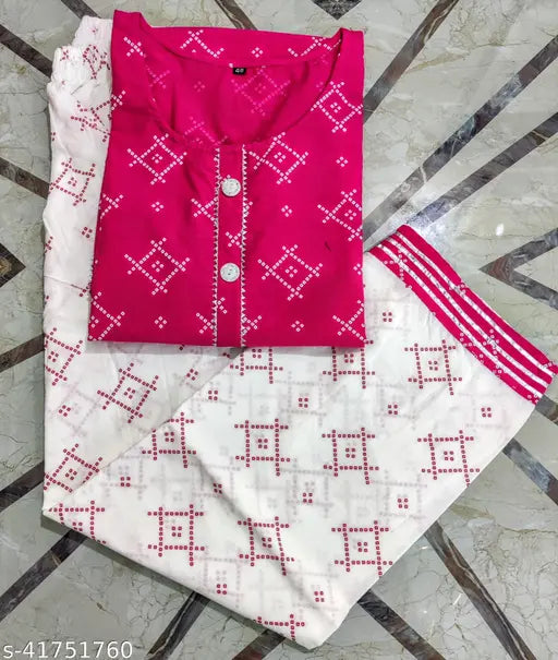 Aishani Voguish cotton three-quarter sleeve Kurta with Palazzos set, printed net Bandhej print on display, India-origin women's fashion