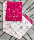 Aishani Voguish cotton three-quarter sleeve Kurta with Palazzos set, printed net Bandhej print on display, India-origin women's fashion