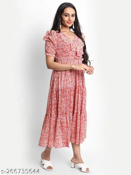 Pink chiffon PRISTINO floral print V-neck tiered dress for women, full inner georgette, machine washable