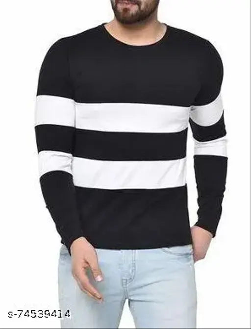 Black cotton blend t-shirt with white side strip, multi-color, round neck, long sleeves, regular fit - Kwello Clothing, India