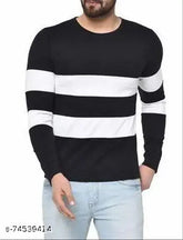 Black cotton blend t-shirt, long sleeves, colorblocked with white side strip - Kwello Clothing (India)