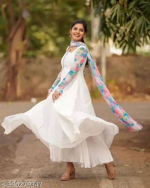 Georgette printed gown duppatta set, three-quarter sleeves, Indian fashion accessory