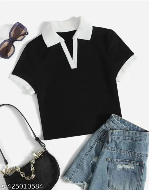 Black body white collar cantras collar, short-sleeved Lycra top with solid pattern, XS size (34in bust, 17in length)
