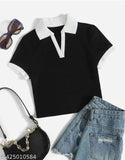 Black body white collar cantras collar, short-sleeved Lycra top with solid pattern, XS size (34in bust, 17in length)