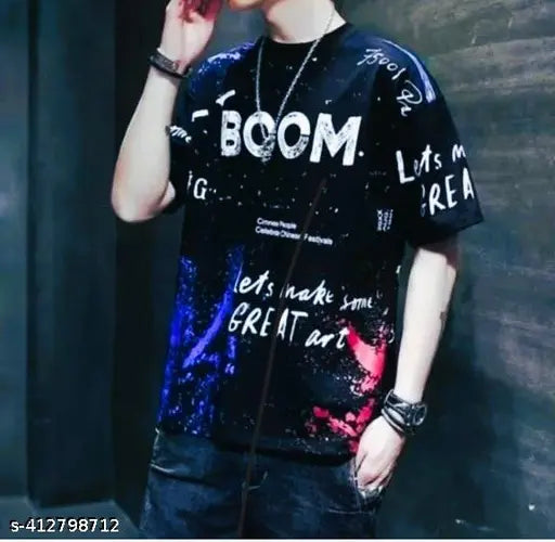 Trendy printed men's polyester t-shirt, cotton sleeves, short sleeves, India origin