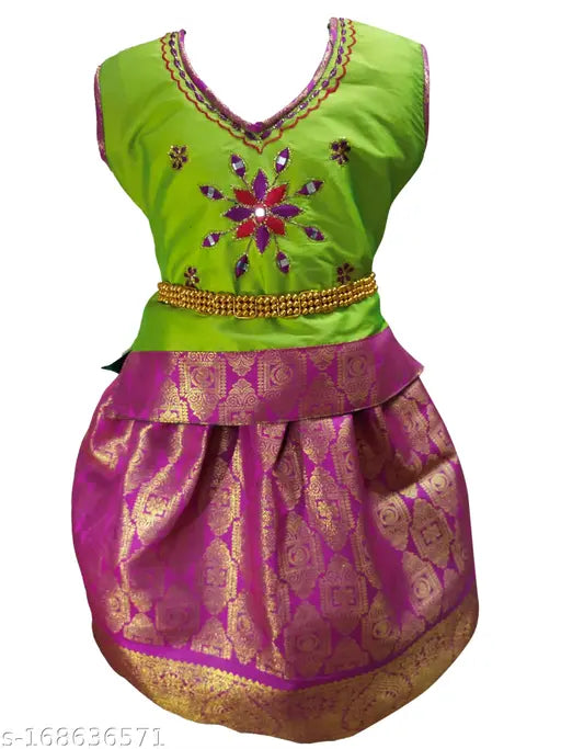 Girls traditional cotton-silk lehenga choli set with gift, embellished, sleeveless, solid color, ready-to-wear for festivals and gatherings (sizes: 6m-8y). Indian craftsmanship