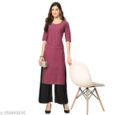 Stylish women's wine-colored kurta & black palazzo set in crepe, featuring printed net motifs, short sleeves, and side slit - Indian ethnic wear for summer festivals