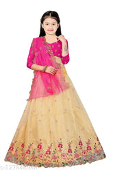 Dupion silk kids lehenga choli with net dupatta and semi stitch net fabric embroidery work, 12-13 years size, India