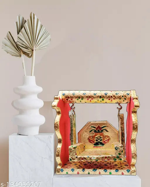 Handmade wooden Laddu Gopal Ji Jhula, golden oxidized swing for gifting or pooja room decor, intricate Indian craftsmanship