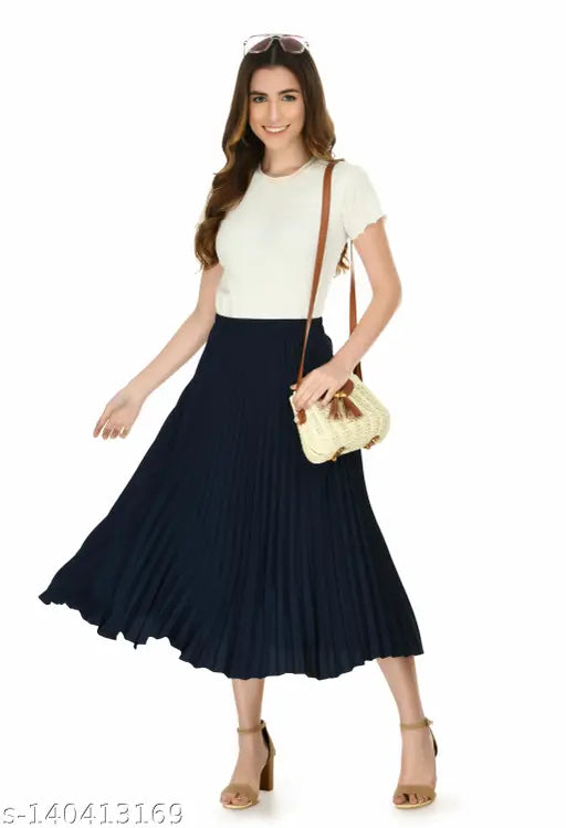 Rust red accordion pleated crepe skirt for women & girls, anti-wrinkle midi with elasticated waistband and flared hem, size 34