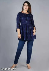 Rayon Arushi Machhali printed kurti, short sleeves, XS-XXL sizes, made in Jaipur